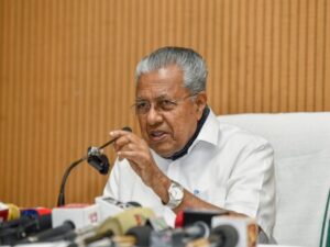 Pinarayi Vijayan addresses a press conference in New Delhi